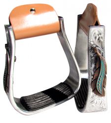 Showman Silver Engraved Stirrups with copper and teal feather concho